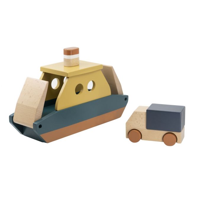 Sebra Fähre mit LKW aus Holz. Kinder- und Baby-Spielzeug bestehend aus Transporter und Wagen in Buche Natur und Blau. Holzspielzeug und skandinavisches Babyspielzeug bei nicenordic.de